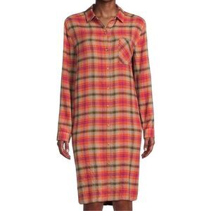 NWT Beachlunchlounge Missy Ariana Midi Length Shirt Dress Plaid Button Down Med